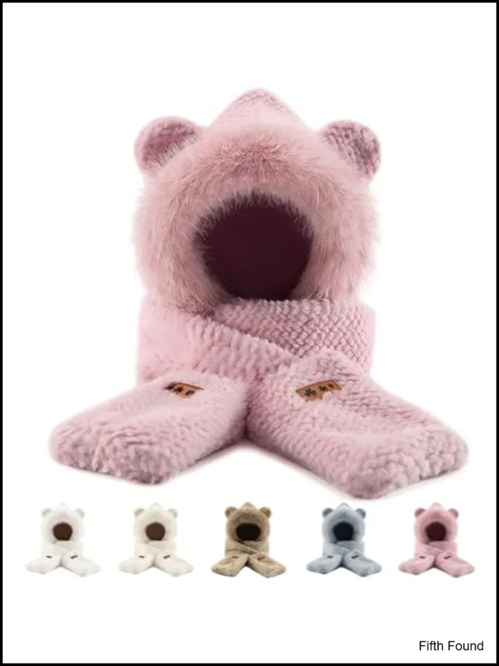 Winter Hooded Scarf Gloves Set Coral Fleece Bear Hat Scarf Mittens Women